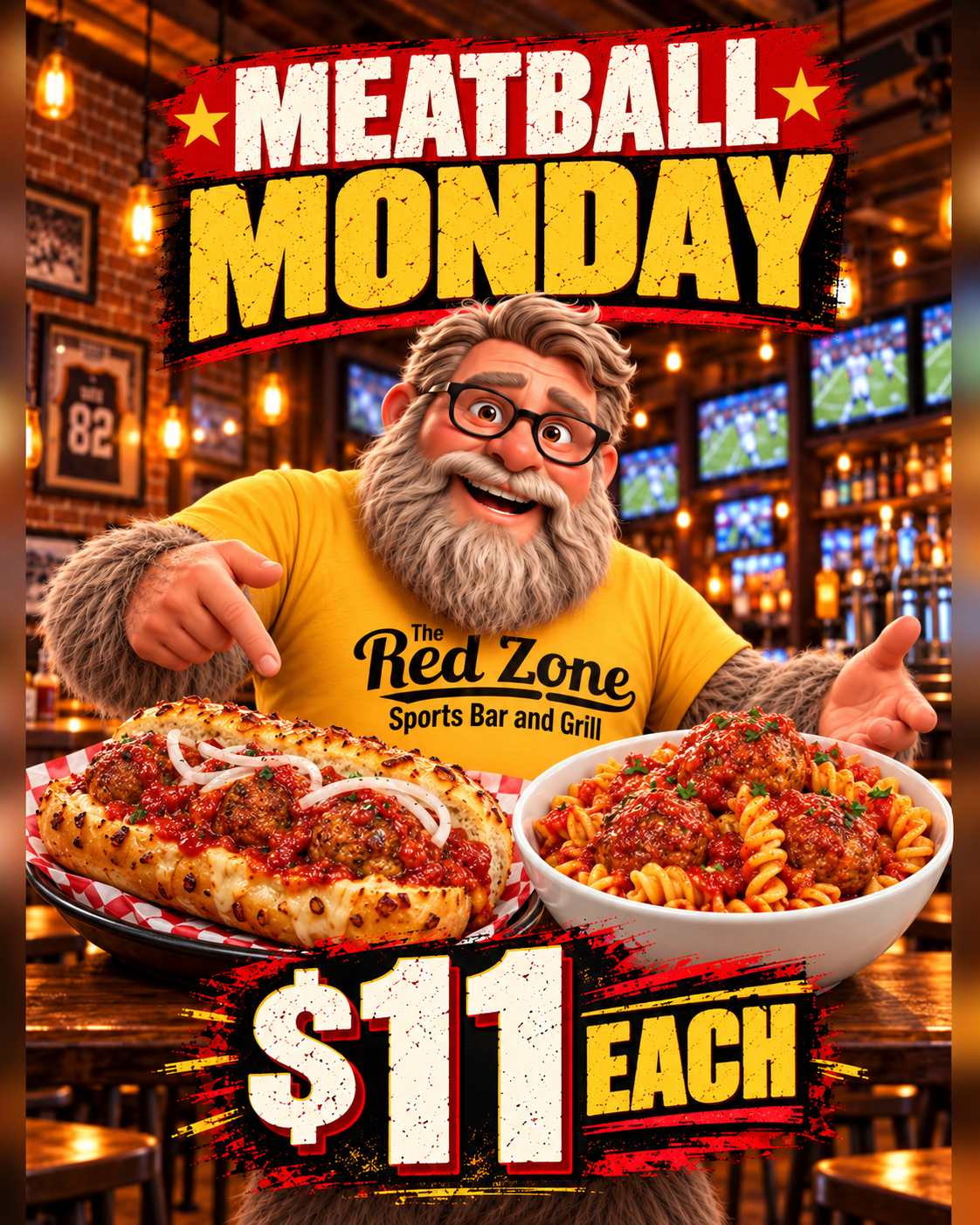 Bigfoot presenting a meatball hoagie and rotini with house-made meatballs for Meatball Monday, $11 each